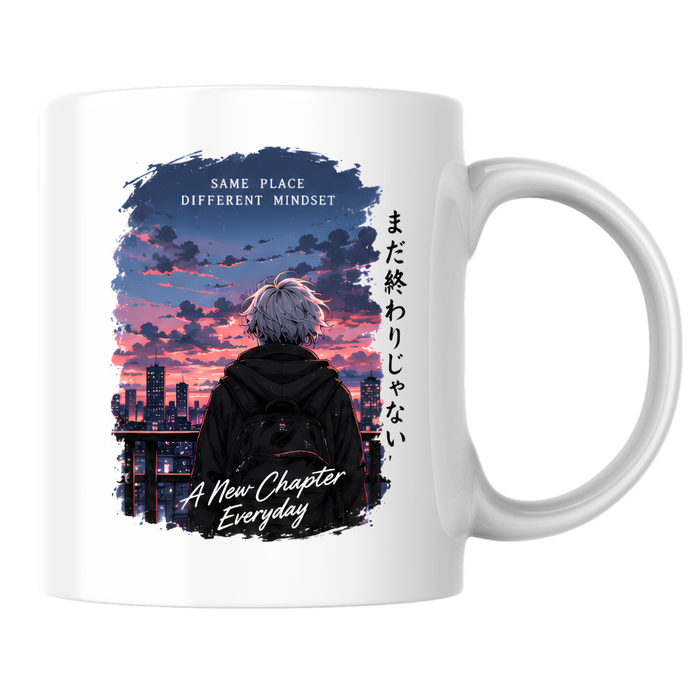 Inspirational Anime Boy Mug "SAME PLACE Different Mindset" City Sunset 325ml Ceramic Coffee Mug – Aesthetic Mindful Tea Cup with Japanese Kanji Graphic Gift | Available in Multicolours | Fast Dispatch by UK Seller (M3046)