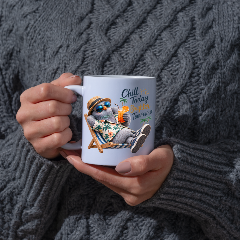 Summer Mug "Chill Today Brighter Tomorrow Cool Pigeon" 325ml Ceramic Coffee Mug – Relaxing Pigeon in Hawaiian Shirt Straw Hat Sunglasses Summer Mug Gift For Friends Vacation Lovers | Available in Multicolours | Fast Dispatch by UK Seller (M3236)
