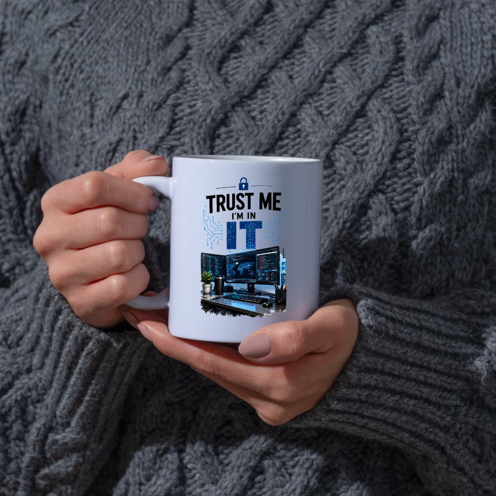 Tech Mug "Trust Me I'm In IT" Trust Me I'm In IT 325ml Ceramic Coffee Mug – Funny IT Specialist Workstation Mug with Multi-Monitor Setup, Lock & Circuit Graphics | Tech Gift | Fast Dispatch by UK Seller (M3333)
