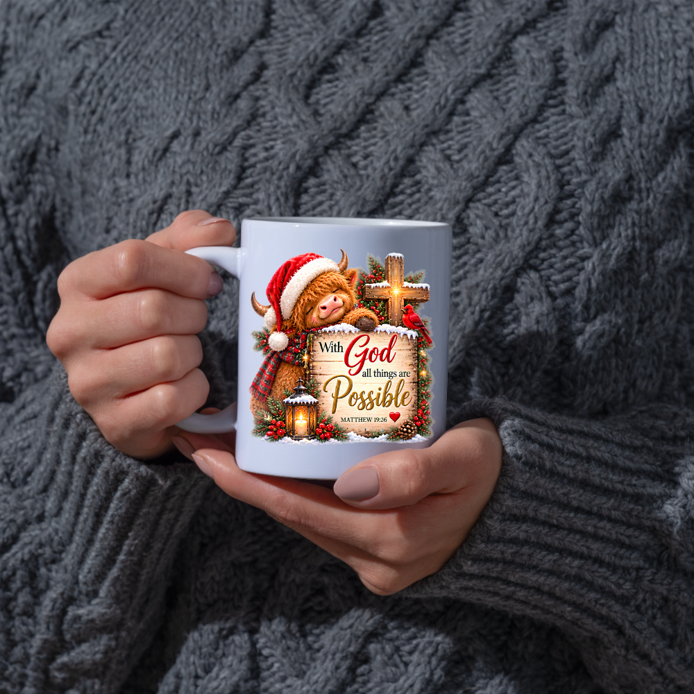 Christmas Mug "With God All Things Are Possible Highland Cow" Matthew 19:26 325ml Ceramic Coffee Mug – Festive Highland Cow Mug With Cross Cardinal Lantern Christian Holiday Gift | Available in Multicolours | Fast Dispatch by UK Seller (M3307)
