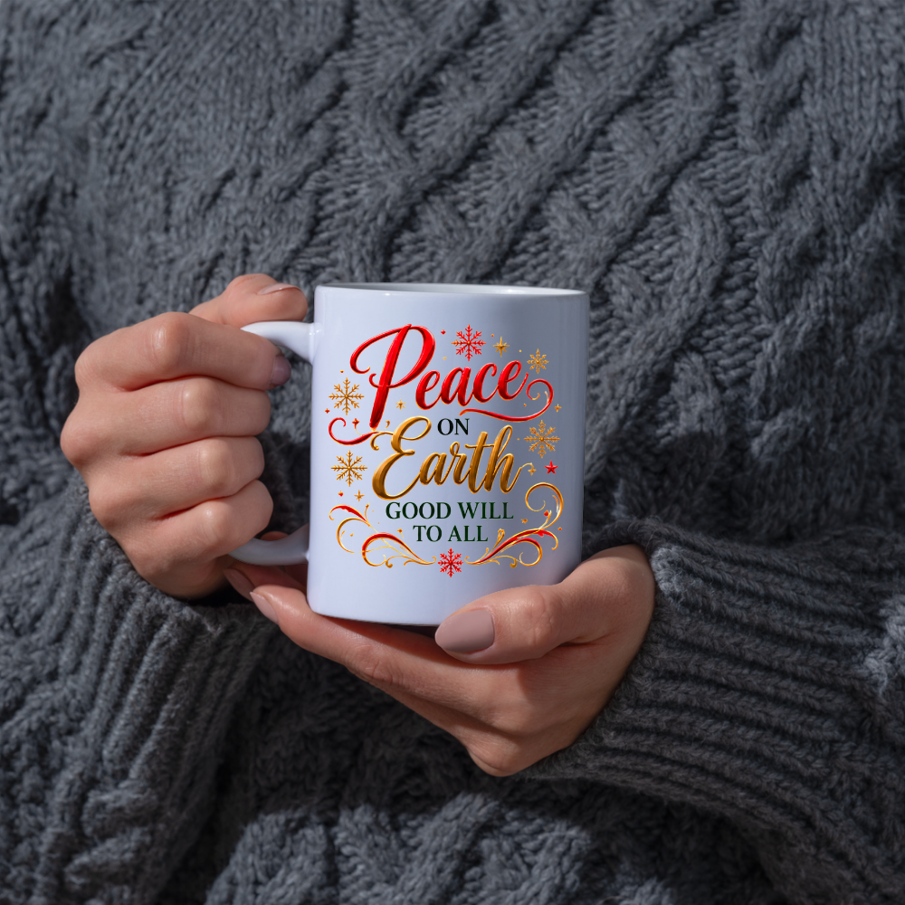 Christmas Mug "Peace On Earth Good Will To All" 325ml Ceramic Coffee Mug – Festive Christmas Blessing Mug With Gold Snowflakes Red Calligraphy Religious Holiday Gift | Available in Multicolours | Fast Dispatch by UK Seller (M3293)
