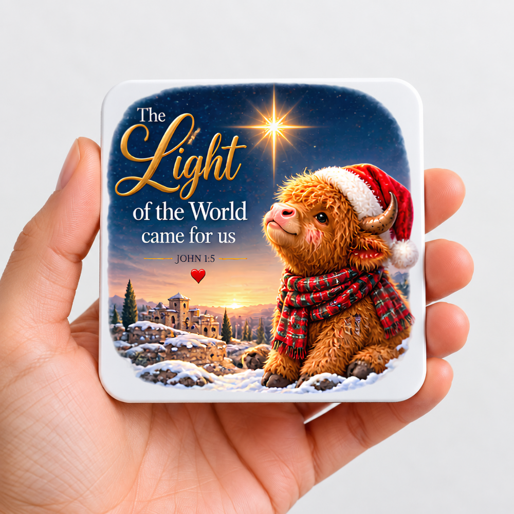 Festive Christian Christmas Coaster "The Light of the World Came for Us John 1:5" Graphic Glossy Hardboard 9x9cm Drinks Mat – Highland Cow, Star of Bethlehem & Snowy Bethlehem Scene Holiday Tableware Gift | Fast Dispatch by UK Seller (C3062)