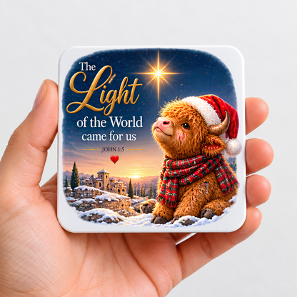 Festive Christian Christmas Coaster "The Light of the World Came for Us John 1:5" Graphic Glossy Hardboard 9x9cm Drinks Mat – Highland Cow, Star of Bethlehem & Snowy Bethlehem Scene Holiday Tableware Gift | Fast Dispatch by UK Seller (C3062)