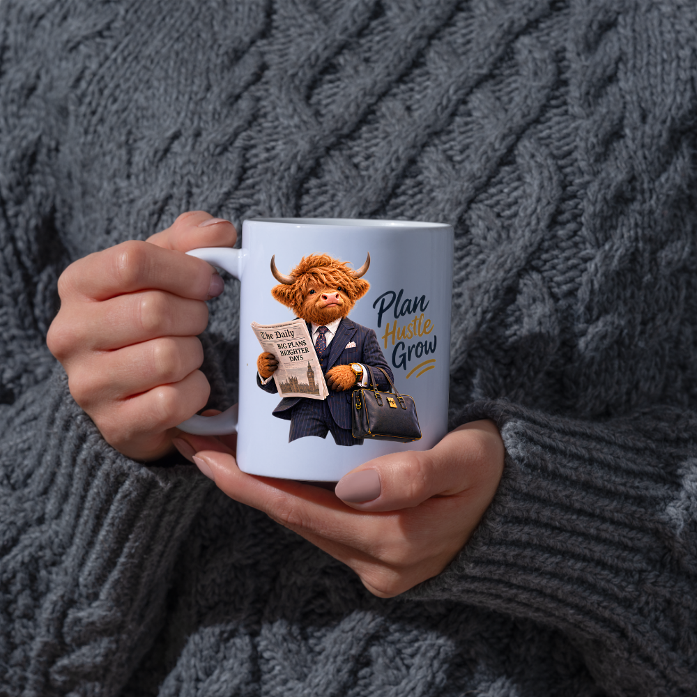 Gentleman Mug "Plan Hustle Grow Businessman Highland Cow" 325ml Ceramic Coffee Mug – Dapper Highland Cow Businessman Reading Newspaper With Leather Briefcase Office Career Gift | Available in Multicolours | Fast Dispatch by UK Seller (M3285)