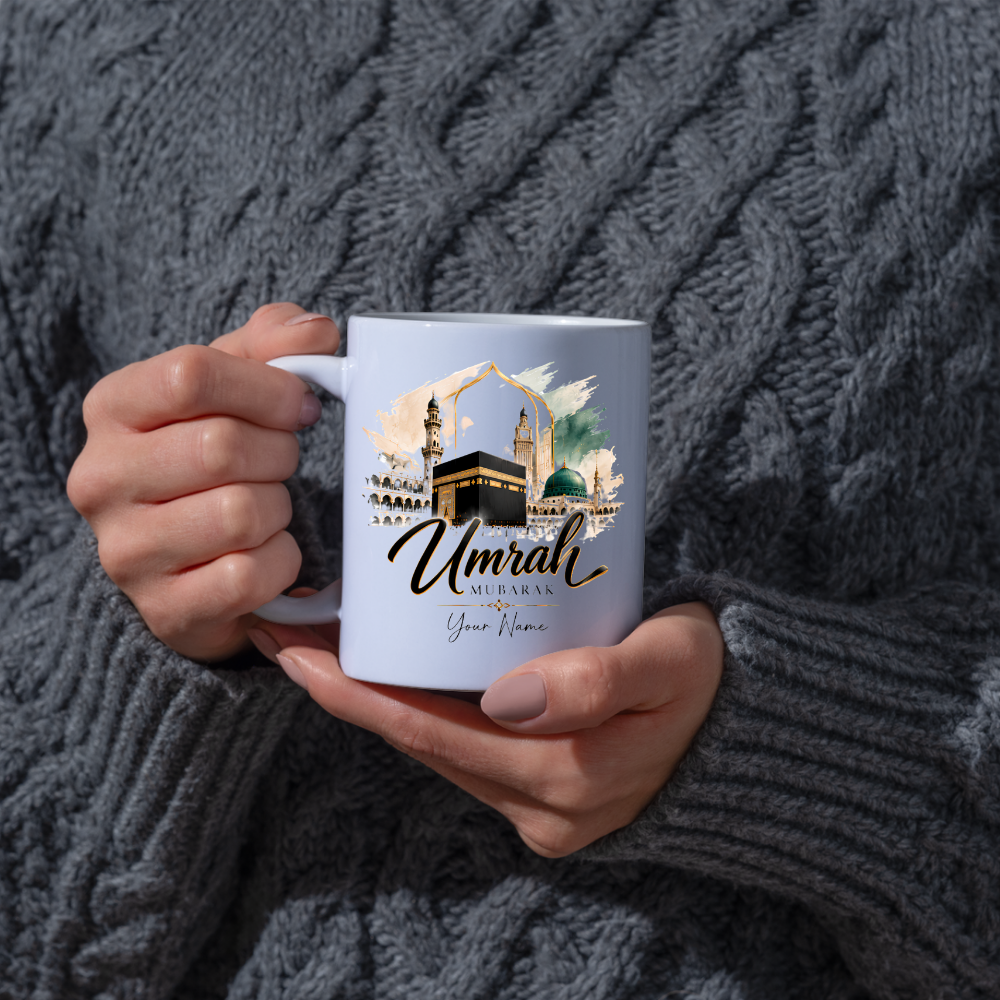 Personalised Umrah Mubarak Mug 325ml Ceramic Coffee Tea Cup – Custom Name, Holy Kaaba, Green Dome & Watercolor Architecture Religious Pilgrimage Gift for Family, Friends, Hajj Celebration – Fast Dispatch by UK Seller (M3486)