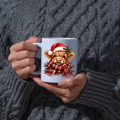 Christmas Santa Hat Highland Cow Mug Cute Christmas Highland Cow in Santa Hat 325ml Ceramic Coffee Mug – Fluffy Scottish Calf wearing Red Santa Hat & Cozy Scarf | Festive Winter Gift | Fast Dispatch by UK Seller (M3430)