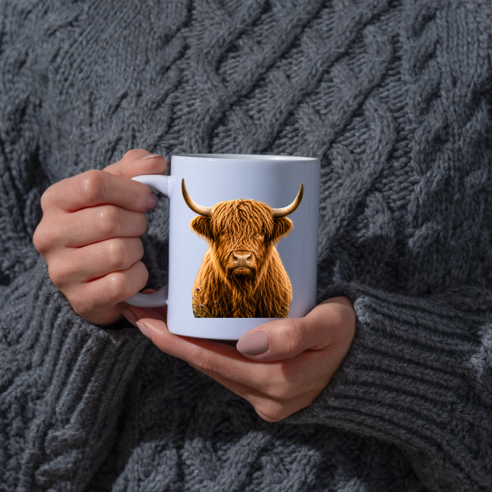 Rustic Mug "Classic Highland Cow" Majestic Highland Cow 325ml Ceramic Coffee Mug Country Wildlife Tea Cup with Horns and Thistle Graphic Gift | Available in Multicolours | Fast Dispatch by UK Seller (M3154)
