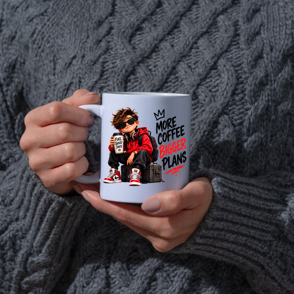 Motivational Mug "More Coffee Bigger Plans" 325ml Ceramic Coffee Tea Cup – Cool Boy Graphic, Red Hoodie, Sunglasses & Slogan Novelty Gift for Coffee Lovers, Teens, Birthday – Fast Dispatch by UK Seller (M3499)