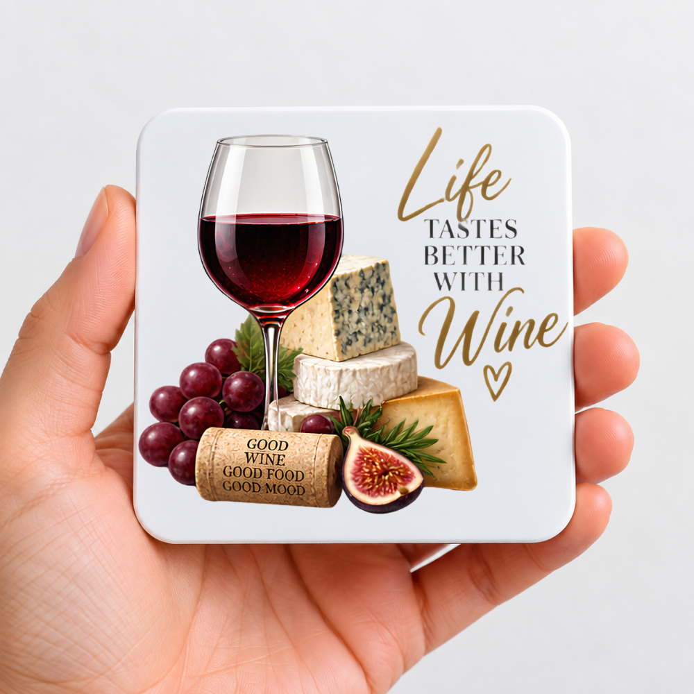 Elegant Wine & Cheese Hardboard Coaster "Life Tastes Better With Wine" Graphic 9cm x 9cm Square Drinks Coaster – Red Wine Glass with Gourmet Cheese Stack,Figs Novelty Mat | Elegant Glossy Gift for Foodies & Wine Lovers | Fast Dispatch by UK Seller (C3016)