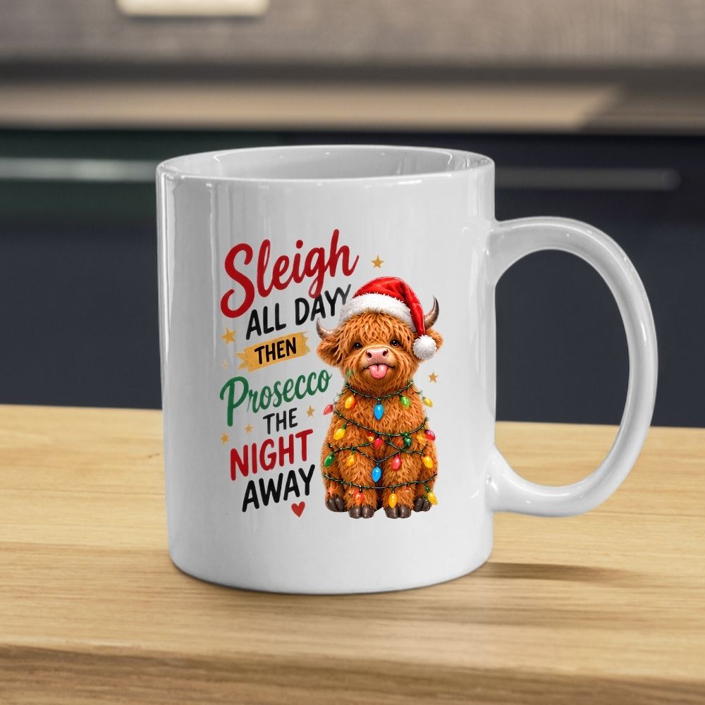 Festive Mug "Sleigh All Day Then Prosecco The Night Away" Highland Cow 325ml Ceramic Coffee Mug Cute Christmas Fairy Lights Tea Cup with Santa Hat & Stars Gift | Available in Multicolours | Fast Dispatch by UK Seller (M1291)