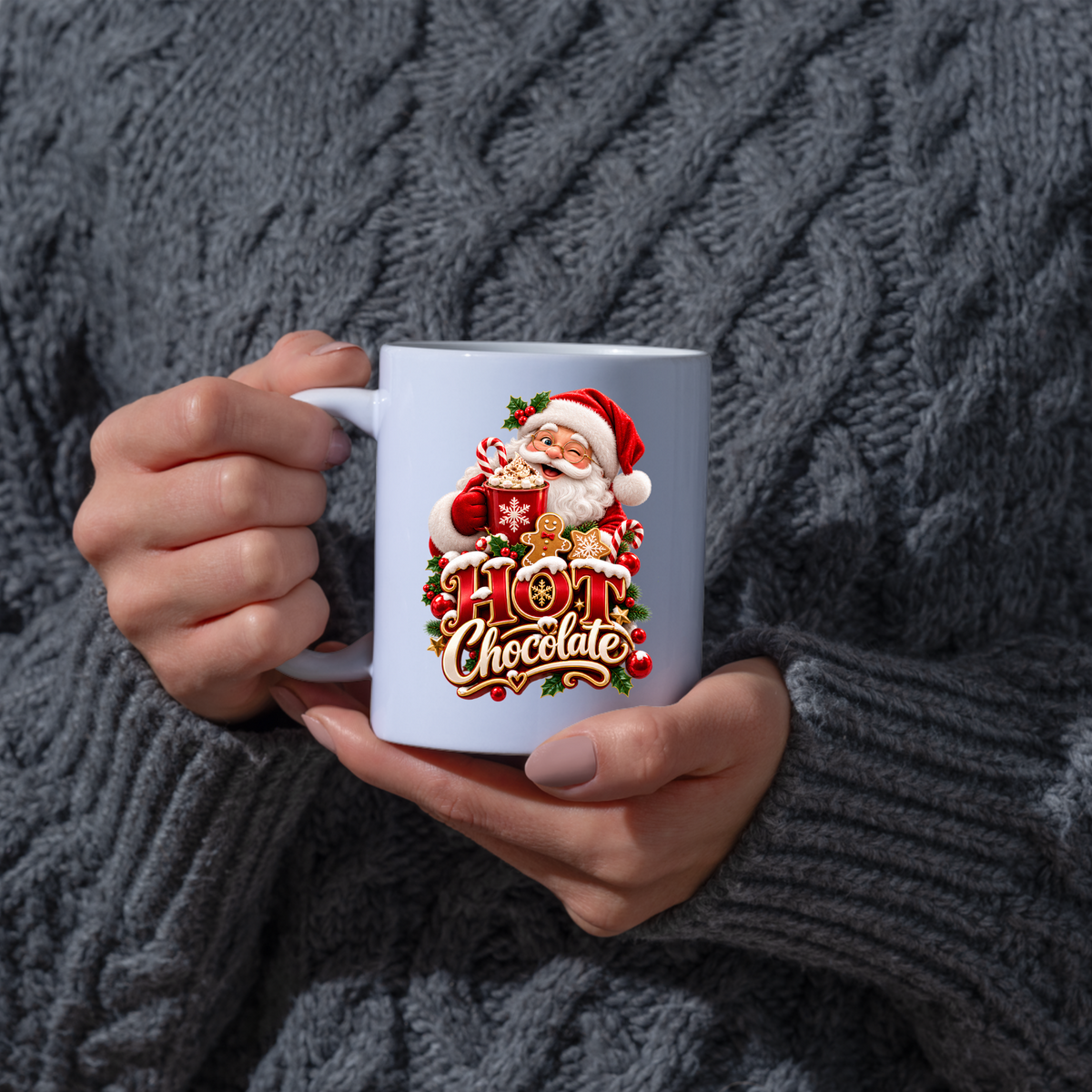 Christmas Mug "Hot Chocolate" Santa Claus Hot Chocolate 325ml Ceramic Coffee Mug – Jolly Winking Santa Holding Cocoa with Gingerbread Man, Candy Cane & Gold Typography | Festive Holiday Gift | Fast Dispatch by UK Seller (M3361)