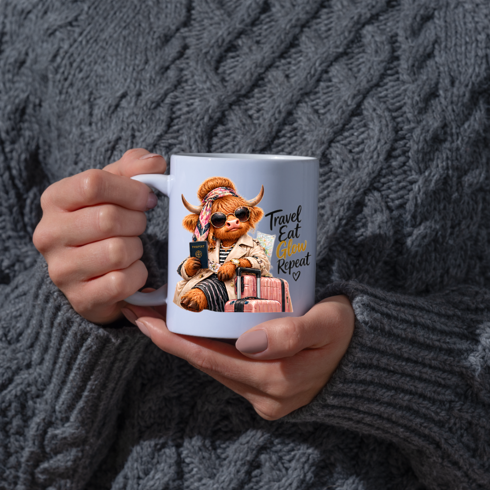 Travel Mug "Travel Eat Glow Repeat Highland Cow" Travel Eat Glow Repeat 325ml Ceramic Coffee Mug – Chic Highland Cow with Passport, Pink Suitcase Trench Coat Wanderlust Holiday Gift | Available in Multicolours | Fast Dispatch by UK Seller (M3279)