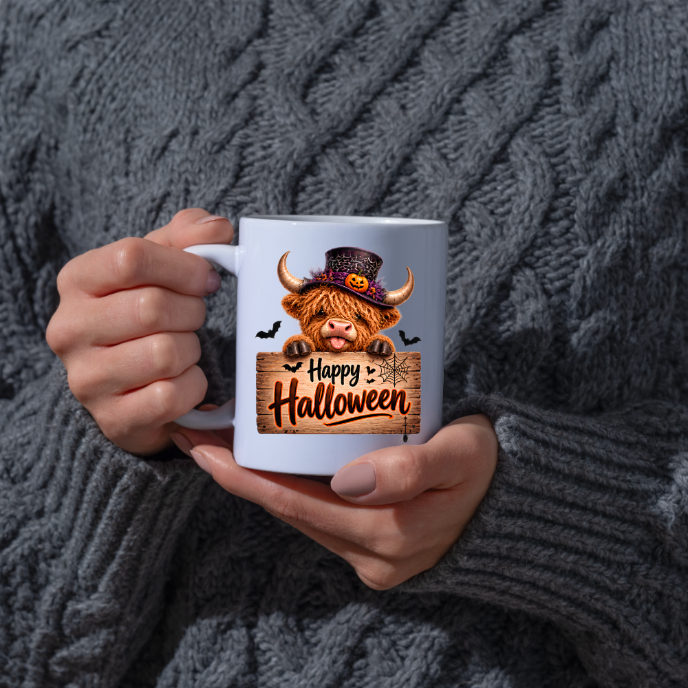 Halloween Mug "Top Hat Wooden Sign Happy Halloween" Top Hat Highland Cow 325ml Ceramic Coffee Mug – Cute Halloween Wooden Sign Tea Cup with Spider Web Graphic Gift | Available in Multicolours | Fast Dispatch by UK Seller (M3166)