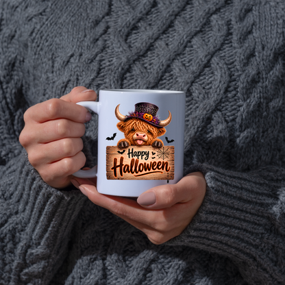 Halloween Mug "Top Hat Wooden Sign Happy Halloween" Top Hat Highland Cow 325ml Ceramic Coffee Mug – Cute Halloween Wooden Sign Tea Cup with Spider Web Graphic Gift | Available in Multicolours | Fast Dispatch by UK Seller (M3166)