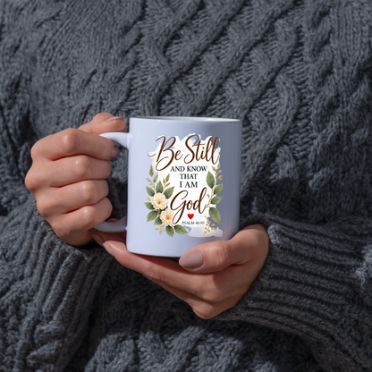 Inspirational Christian Mug "Be Still And Know That I Am God Psalm 46:10" 325ml Ceramic Coffee Mug –Christian Bible Verse Mug With Floral Wreath Leaves Inspirational Gift | Available in Multicolours | Fast Dispatch by UK Seller (M3299)