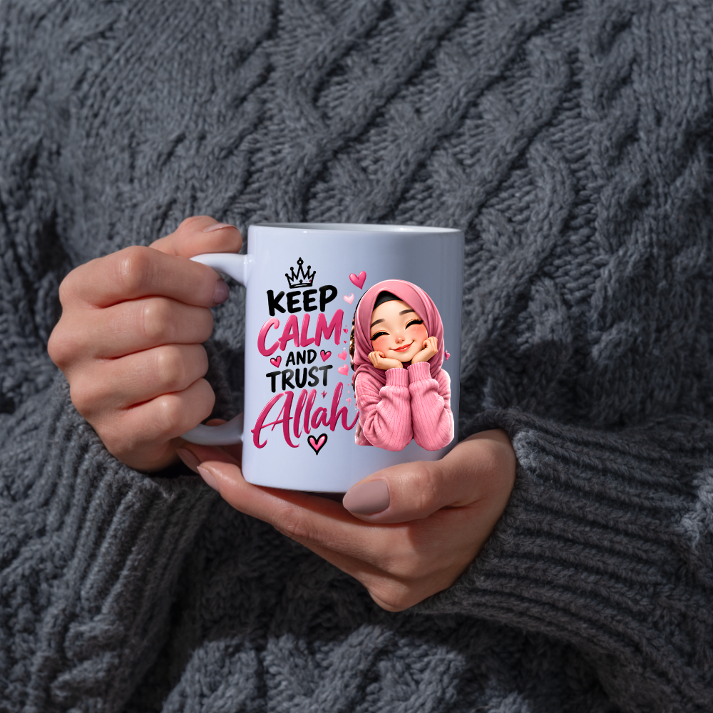 Islamic Mug "Keep Calm And Trust Allah" 325ml Ceramic Coffee Tea Cup – Pink Hijabi Girl Graphic, Hearts & Faith Slogan Novelty Gift for Muslim Women, Friends, Birthday – Fast Dispatch by UK Seller (M3505)
