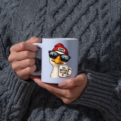 British Humour Mug "TOO BRITISH TO CARE" Funny Duck 325ml Ceramic Coffee Mug Cheeky London Duck Tea Cup with Union Jack-Inspired British Artwork Gift | Available in Multicolours | Fast Dispatch by UK Seller (M3002)