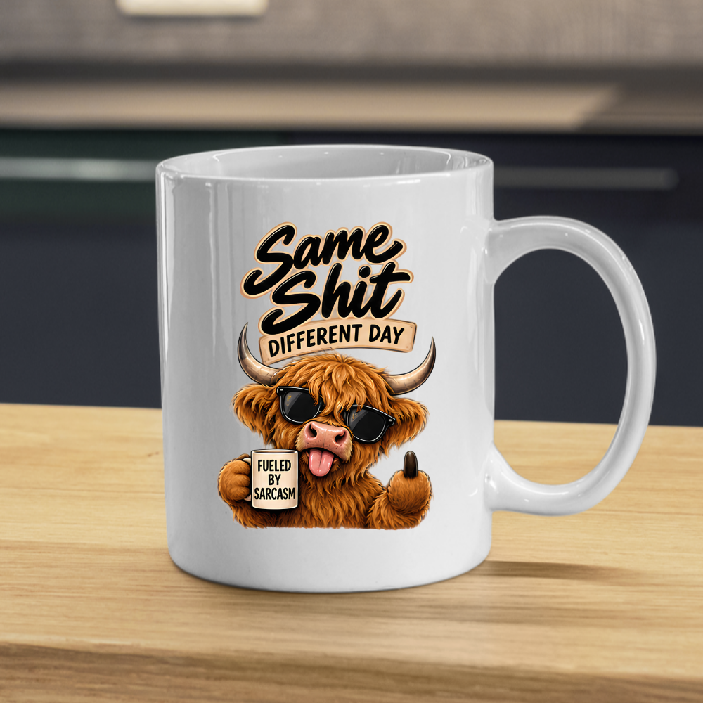 Sarcastic Mug "SAME SHIT DIFFERENT DAY" Highland Cow 325ml Ceramic Coffee Mug Novelty Highland Cow Tea Cup with Sunglasses, Middle Hoof & "Fueled By Sarcasm" Mug Graphic Gift | Available in Multicolours | Fast Dispatch by UK Seller (M3086)
