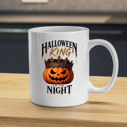 Halloween Mug "KING OF The Night Halloween" Crown Pumpkin 325ml Ceramic Coffee Mug – Royal Jack-o'-Lantern Tea Cup with Ornate Crown & Gothic Text Graphic Gift | Available in Multicolours | Fast Dispatch by UK Seller (M3078)