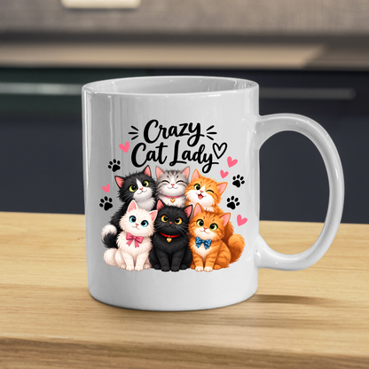 Funny Mug "Crazy Cat Lady" Novelty Coffee Mug | Cute Cartoon Cats Graphic Ceramic Tea Cup Perfect Gift for Cat Lovers 350ml | Available in Multicolours | Fast Dispatch by UK Seller (M1001)