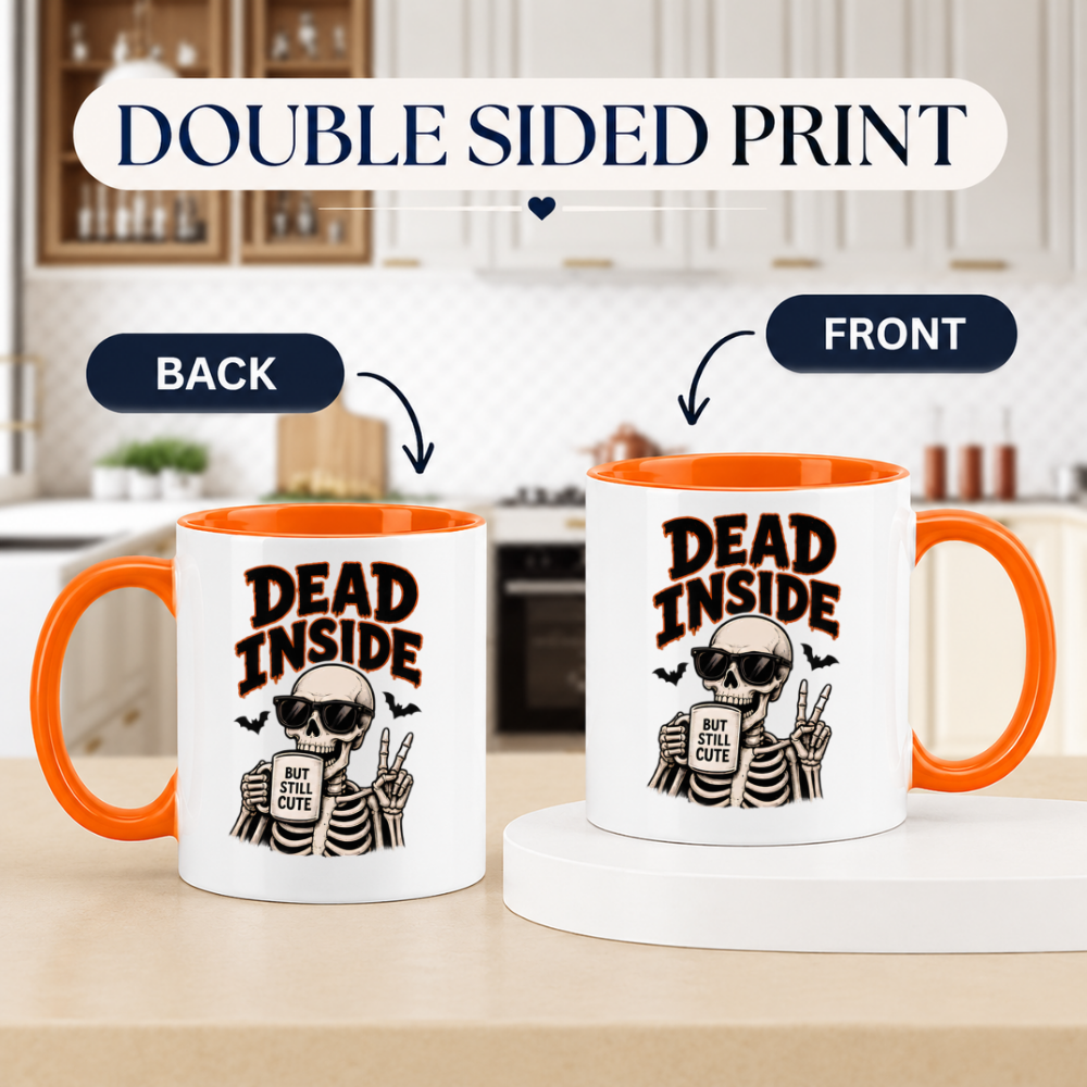 Halloween Mug "Dead Inside But Still Cute Skeleton" Dead Inside But Still Cute Skeleton 325ml Ceramic Coffee Mug – Funny Halloween Autumn Tea Cup With Sunglasses Peace Sign Graphic Gift | Available in Multicolours | Fast Dispatch by UK Seller (M3204)