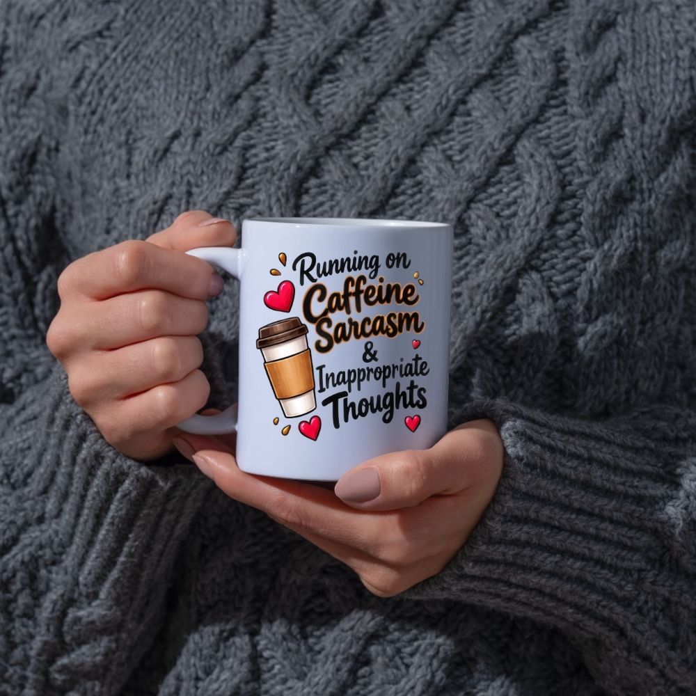 Sarcastic Mug "Running on Caffeine Sarcasm & Inappropriate Thoughts" 325ml Ceramic Coffee Mug Funny Coffee Lover Tea Cup with Takeaway Cup & Hearts Graphic Gift | Available in Multicolours | Fast Dispatch by UK Seller (M1305)