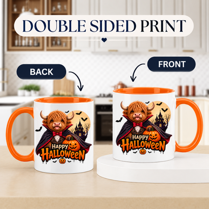 Halloween Mug "Highland Cow Vampire Happy Halloween" Highland Cow Vampire Happy Halloween 325ml Ceramic Coffee Mug – Cute Halloween Autumn Tea Cup With Vampire Cow Dracula Cape Haunted Castle Full Moon Graphic Gift | Fast Dispatch by UK Seller (M3220)