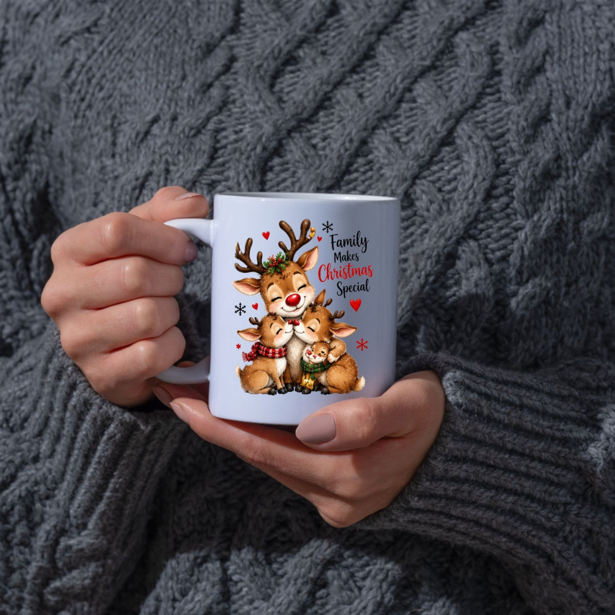 Heartwarming Mug "Family Makes Christmas Special" Reindeer Family 325ml Ceramic Coffee Mug Cute Winter Holiday Tea Cup with Snuggling Little Reindeer & Hearts Gift | Available in Multicolours | Fast Dispatch by UK Seller (M1261)