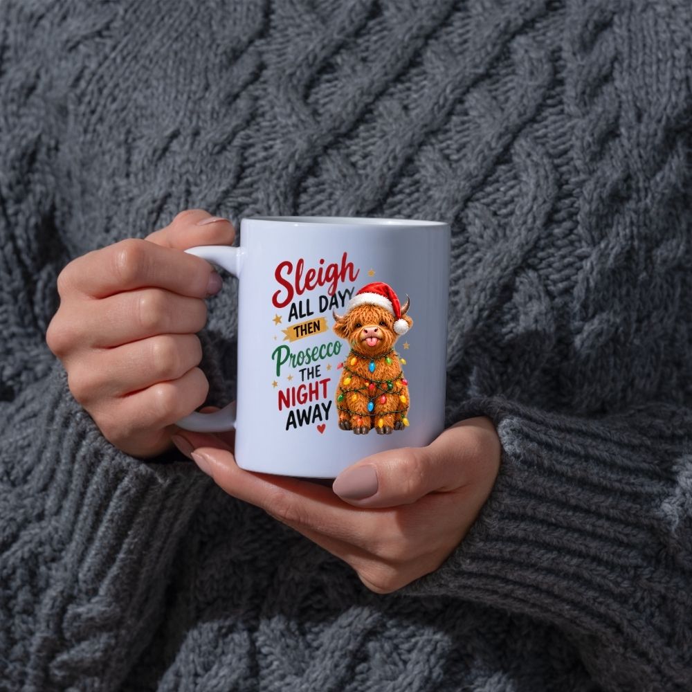 Festive Mug "Sleigh All Day Then Prosecco The Night Away" Highland Cow 325ml Ceramic Coffee Mug Cute Christmas Fairy Lights Tea Cup with Santa Hat & Stars Gift | Available in Multicolours | Fast Dispatch by UK Seller (M1291)