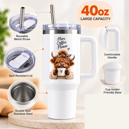 Cute Highland Cow Travel Tumbler "More Coffee Please" Graphic 40oz Stainless Steel Insulated Travel Mug with Handle & Straw – Cozy Cow in Leopard Headband & Cream Hoodie with Coffee Cup Novelty Travel Cup | Fast Dispatch by UK Seller (T3030)