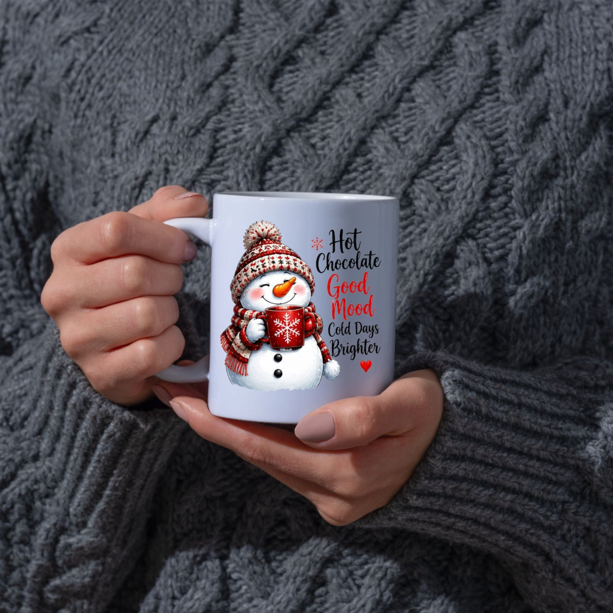 Cozy Mug "Hot Chocolate Good Mood Cold Days Brighter" Snowman 325ml Ceramic Coffee Mug – Cute Winter Holiday Tea Cup with Beanie & Hot Cocoa Gift | Available in Multicolours | Fast Dispatch by UK Seller (M1247)