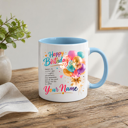 Personalised Birthday Mug "Happy Birthday" 325ml Ceramic Coffee Tea Cup – Colorful Balloons, Confetti, Custom Name & Laughter Wish Slogan Novelty Gift for Bestie, Friends, Birthday – Fast Dispatch by UK Seller (M3511)