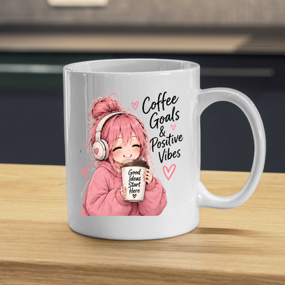 Inspirational Anime Mug "Coffee Goals & Positive Vibes" Cute Pink Hair Girl 325ml Ceramic Coffee Mug Aesthetic Work & Study Tea Cup with Headphones & Coffee Cup Graphic Gift | Available in Multicolours | Fast Dispatch by UK Seller (M3026)