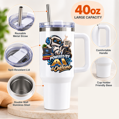 Funny Tech Travel Tumbler "POWERED BY AI & Caffeine" Graphic 40oz Stainless Steel Insulated Travel Mug with Handle & Straw – Cool Robot with Laptop, Coffee Mug & Prompts Books Novelty Gift for Coders, Techies & Office | Fast Dispatch by UK Seller (T3047)