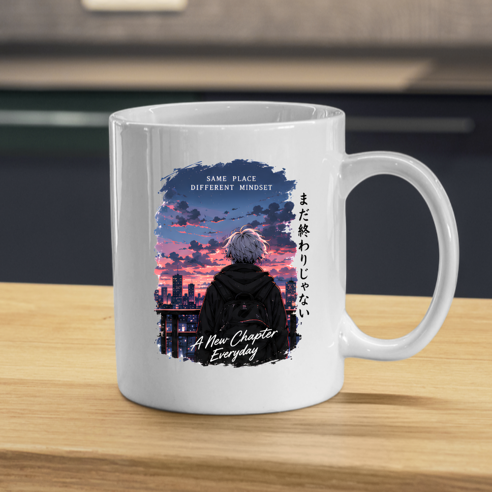 Inspirational Anime Boy Mug "SAME PLACE Different Mindset" City Sunset 325ml Ceramic Coffee Mug – Aesthetic Mindful Tea Cup with Japanese Kanji Graphic Gift | Available in Multicolours | Fast Dispatch by UK Seller (M3046)
