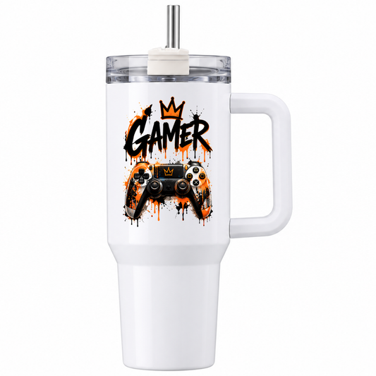 Cool Gaming Travel Tumbler "Gamer" Graphic 40oz Stainless Steel Insulated Travel Mug with Handle & Straw – Orange & Black Paint Drip Controller, Graffiti Crown Novelty Gift for Gamers | Fast Dispatch by UK Seller (T3063)