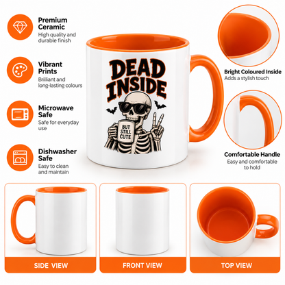 Halloween Mug "Dead Inside But Still Cute Skeleton" Dead Inside But Still Cute Skeleton 325ml Ceramic Coffee Mug – Funny Halloween Autumn Tea Cup With Sunglasses Peace Sign Graphic Gift | Available in Multicolours | Fast Dispatch by UK Seller (M3204)
