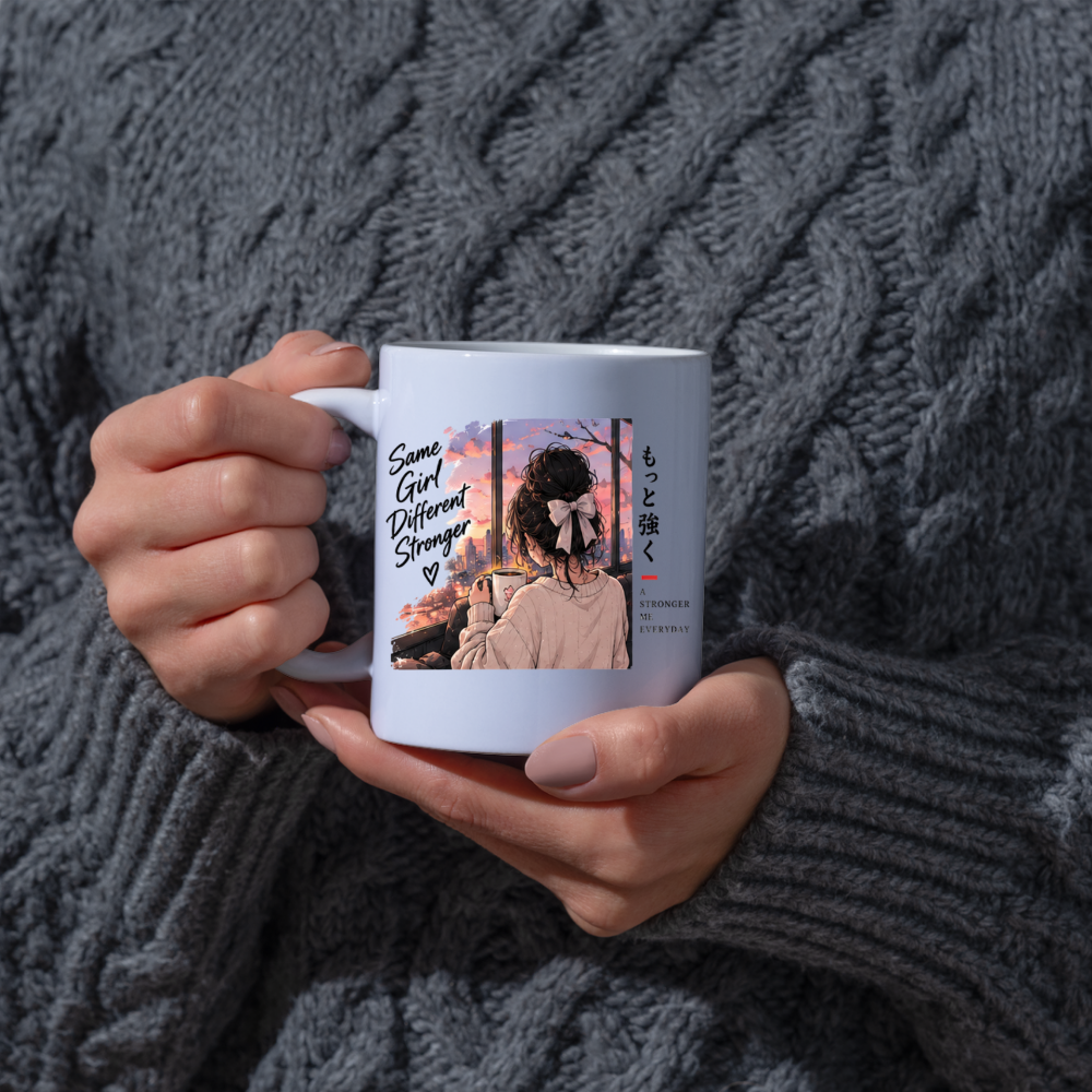 Inspirational Anime Girl Mug "Same Girl Different Stronger" Sunset Window 325ml Ceramic Coffee Mug – Aesthetic Mindful Tea Cup with Japanese Kanji Graphic Gift | Available in Multicolours | Fast Dispatch by UK Seller (M3034)