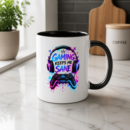 Gaming Mug "Gaming Keeps Me Sane" Gaming Keeps Me Sane 325ml Ceramic Coffee Mug – Neon Headset & Controller Mug with Blue and Pink Paint Splatter Art | Gamer Gift | Fast Dispatch by UK Seller (M3345)