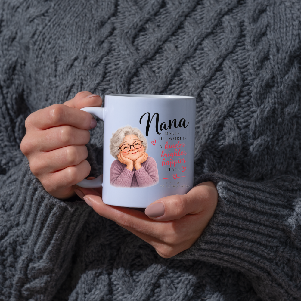 Family Mug "Nana MAKES THE WORLD A kinder brighter happier PLACE" Sweet Grandma 325ml Ceramic Coffee Mug Heartwarming Nana Tea Cup with Resting Head Grandma Graphic Gift | Available in Multicolours | Fast Dispatch by UK Seller (M3014)