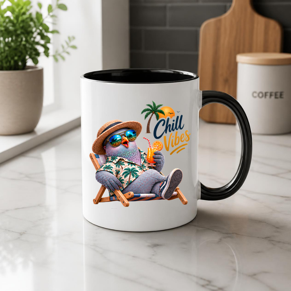 Summer Mug "Chill Vibes Cool Pigeon" 325ml Ceramic Coffee Mug – Relaxing Pigeon in Hawaiian Shirt, Straw Hat & Sunglasses on Beach Chair Funny Summer Mug Gift For Friends Vacation Lovers | Available in Multicolours | Fast Dispatch by UK Seller (M3242)