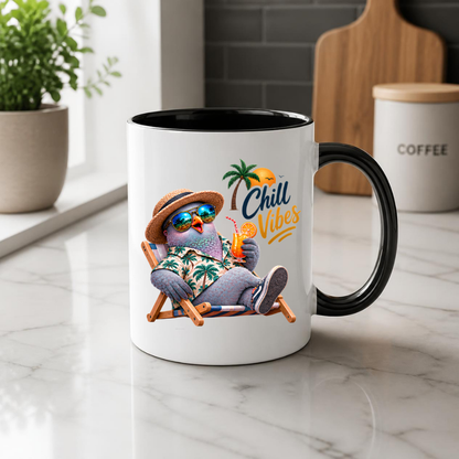 Summer Mug "Chill Vibes Cool Pigeon" 325ml Ceramic Coffee Mug – Relaxing Pigeon in Hawaiian Shirt, Straw Hat & Sunglasses on Beach Chair Funny Summer Mug Gift For Friends Vacation Lovers | Available in Multicolours | Fast Dispatch by UK Seller (M3242)
