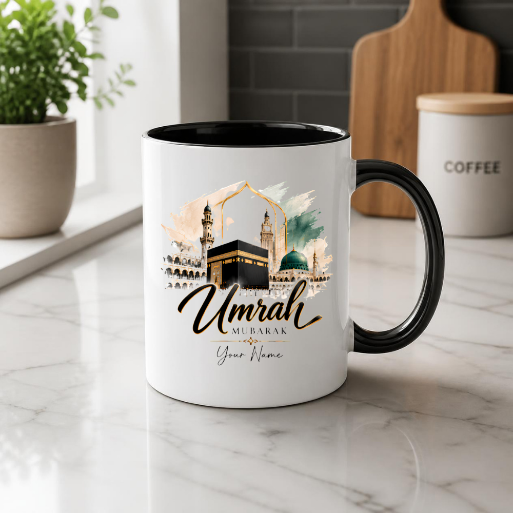 Personalised Umrah Mubarak Mug 325ml Ceramic Coffee Tea Cup – Custom Name, Holy Kaaba, Green Dome & Watercolor Architecture Religious Pilgrimage Gift for Family, Friends, Hajj Celebration – Fast Dispatch by UK Seller (M3486)