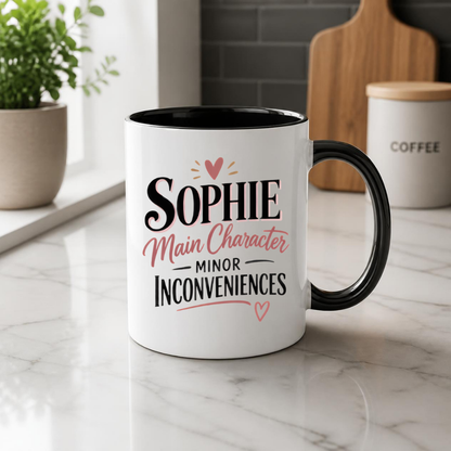 Personalized Name Mug "Sophie Main Character Minor Inconveniences" Sophie Main Character Minor Inconveniences 325ml Ceramic Coffee Mug – Custom Name Typography Slogan with Heart Accents & Script Details | Funny Gift | Fast Dispatch by UK Seller (M3450)
