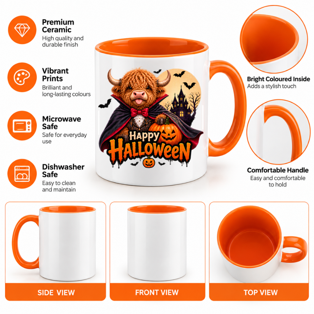 Halloween Mug "Highland Cow Vampire Happy Halloween" Highland Cow Vampire Happy Halloween 325ml Ceramic Coffee Mug – Cute Halloween Autumn Tea Cup With Vampire Cow Dracula Cape Haunted Castle Full Moon Graphic Gift | Fast Dispatch by UK Seller (M3220)