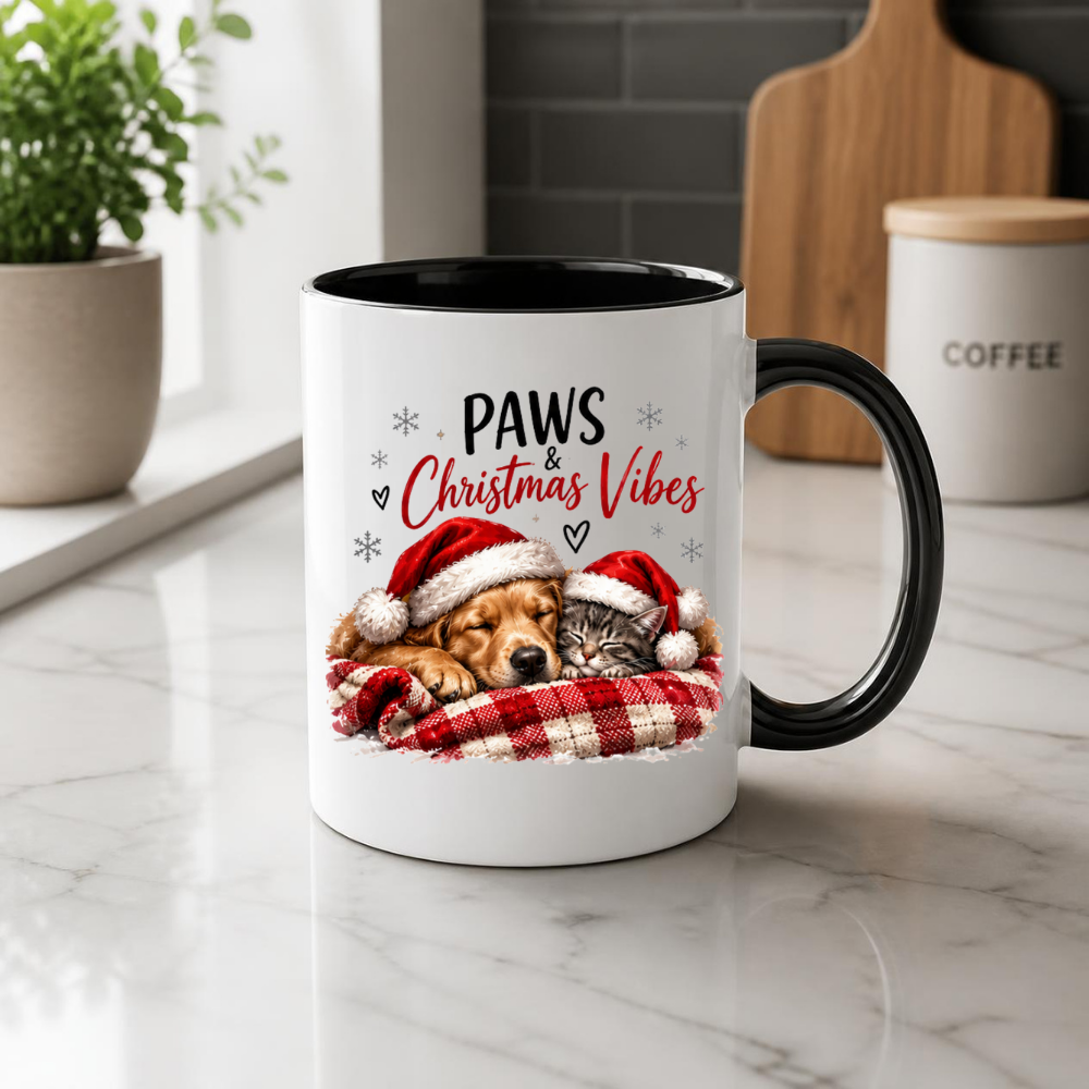 Christmas Dog & Cat Mug "Paws & Christmas Vibes" Paws & Christmas Vibes 325ml Ceramic Coffee Mug – Cute Sleeping Golden Retriever & Tabby Cat in Santa Hats on Plaid Blanket | Festive Holiday Gift | Fast Dispatch by UK Seller (M3405)