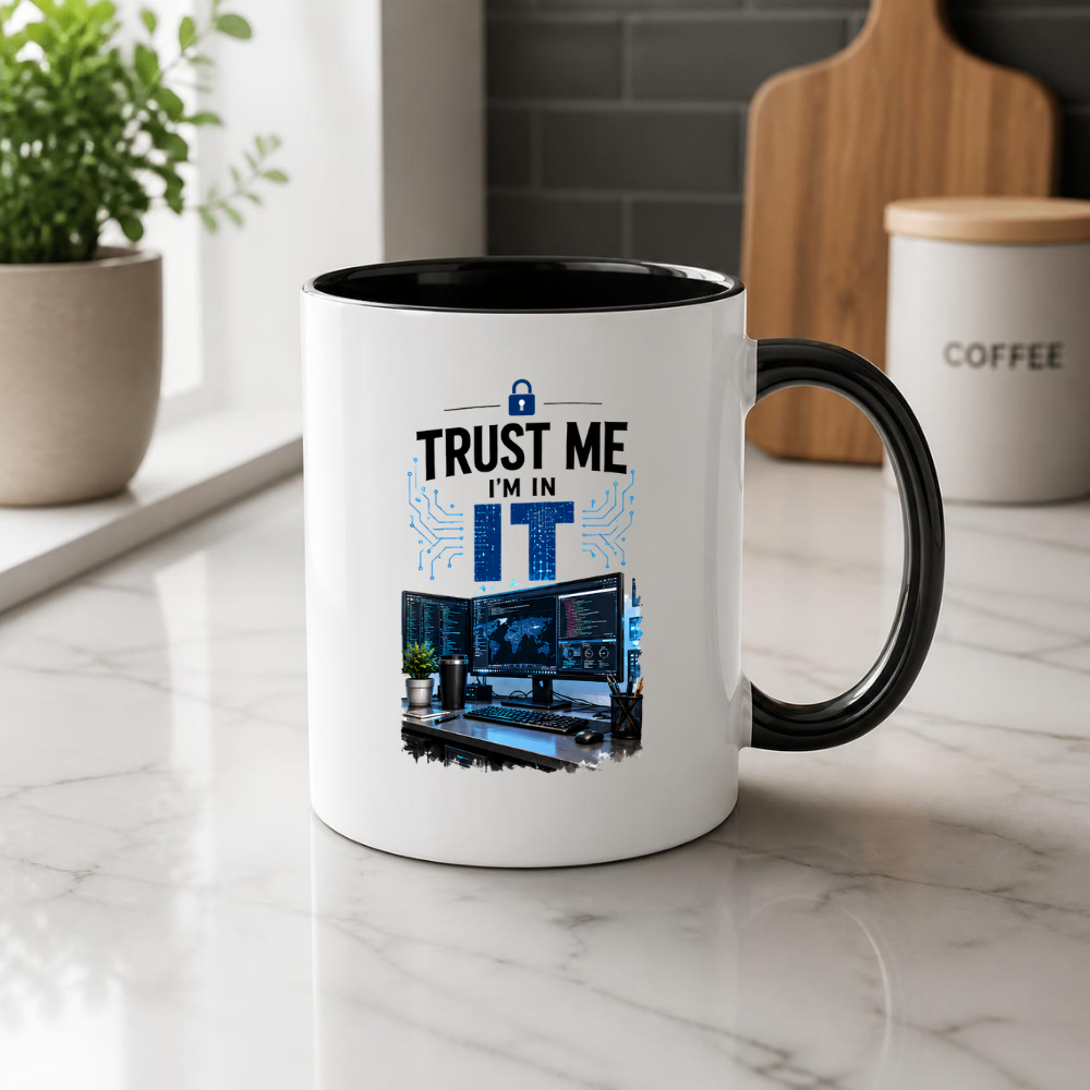 Tech Mug "Trust Me I'm In IT" Trust Me I'm In IT 325ml Ceramic Coffee Mug – Funny IT Specialist Workstation Mug with Multi-Monitor Setup, Lock & Circuit Graphics | Tech Gift | Fast Dispatch by UK Seller (M3333)