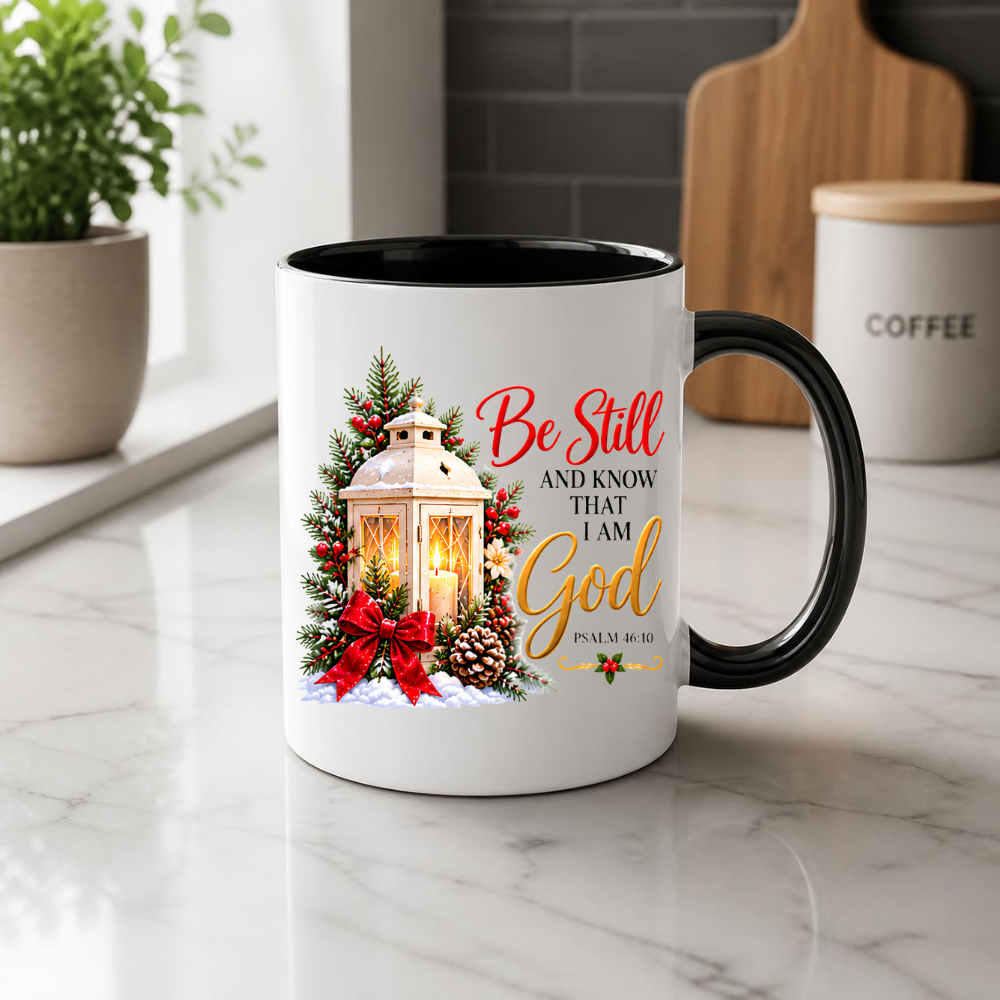 Religious Christmas Mug "Be Still And Know That I Am God" Be Still And Know That I Am God 325ml Ceramic Coffee Mug – Christian Scripture Mug with Psalm 46:10, Lantern & Pinecones | Religious Holiday Gift | Fast Dispatch by UK Seller (M3339)