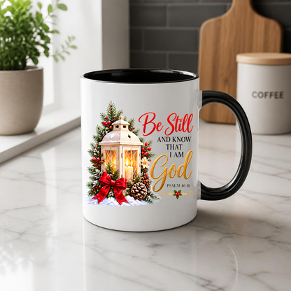 Religious Christmas Mug "Be Still And Know That I Am God" Be Still And Know That I Am God 325ml Ceramic Coffee Mug – Christian Scripture Mug with Psalm 46:10, Lantern & Pinecones | Religious Holiday Gift | Fast Dispatch by UK Seller (M3339)