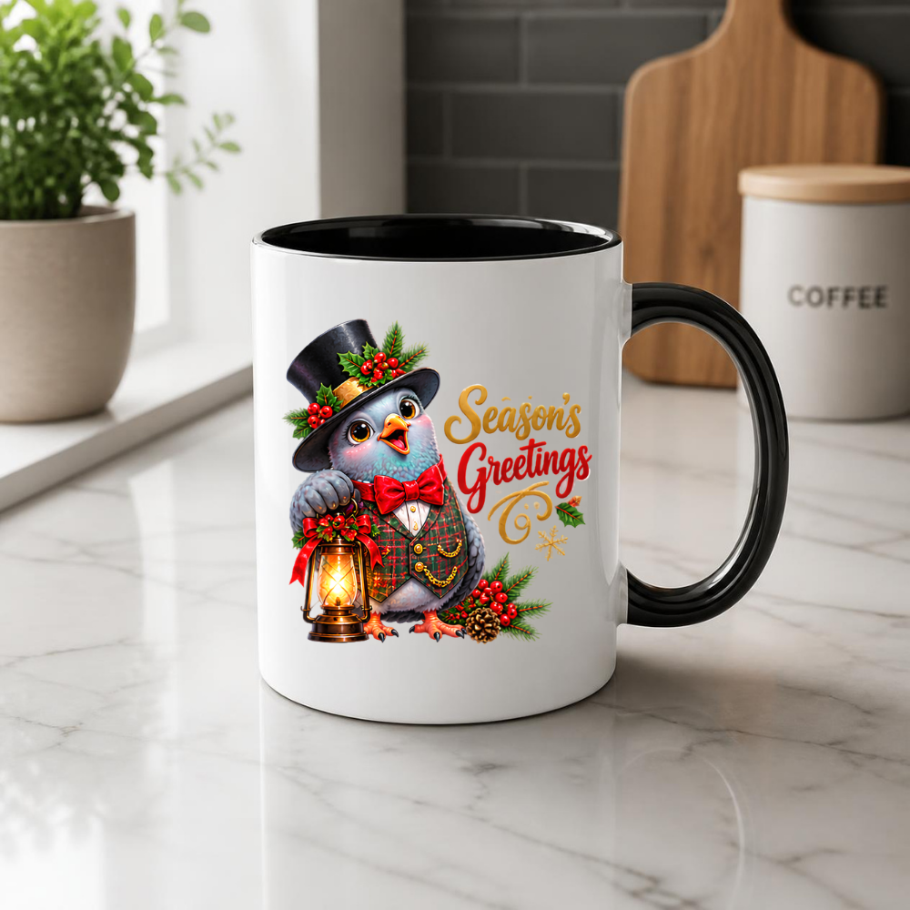 Holiday Mug "Season's Greetings Gentleman Bird" 325ml Ceramic Coffee Mug – Dapper Victorian Christmas Bird in Top Hat & Plaid Vest Holding Vintage Lantern Festive Holiday Gift | Available in Multicolours | Fast Dispatch by UK Seller (M3267)